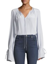 Diane von Furstenberg Long-Sleeve Silk Crepe Keyhole Blouse at Neiman Marcus